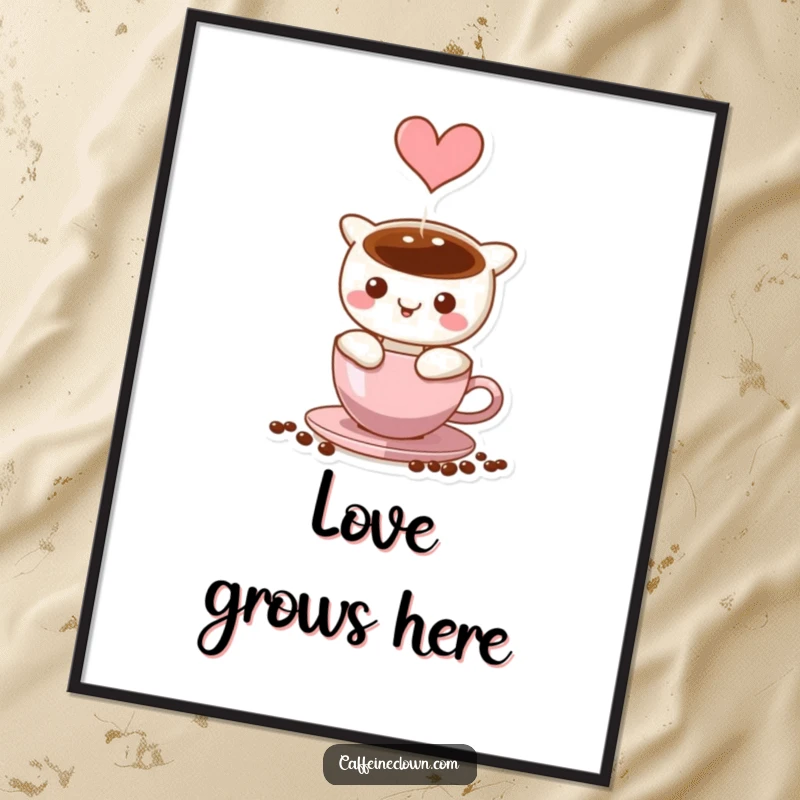 Funny Poster depicting coffee steam forming a perfect heart shape, symbolizing love and warmth for coffee enthusiasts.