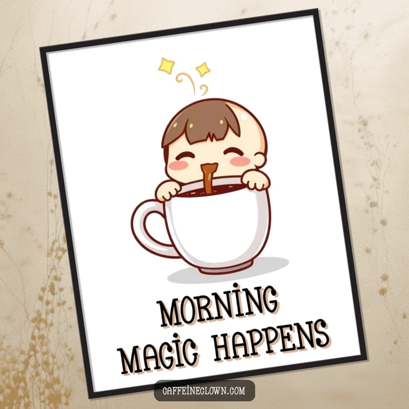 Funny poster print of a small character joyfully pouring steaming coffee into a mug, a heartwarming scene.