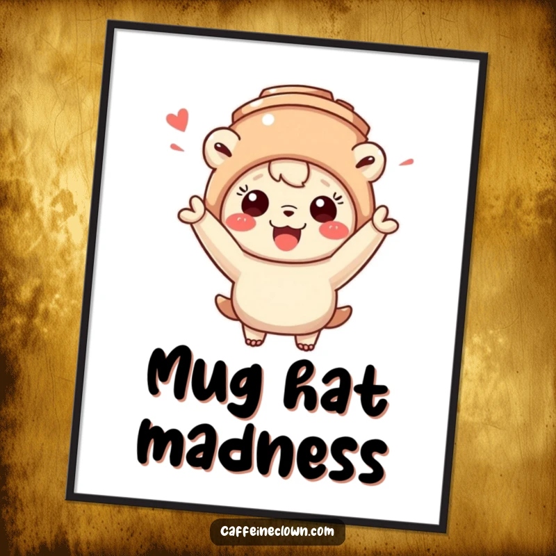 Funny poster art of a sweet creature wearing a coffee mug hat and cheering ecstatically, celebrating coffee obsession.