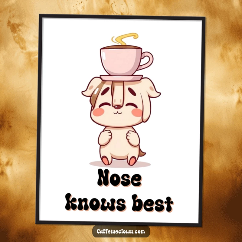 Funny poster art of a character clumsily balancing a coffee cup on their nose with delightful concentration, conveying humorous awkwardness, great decor.