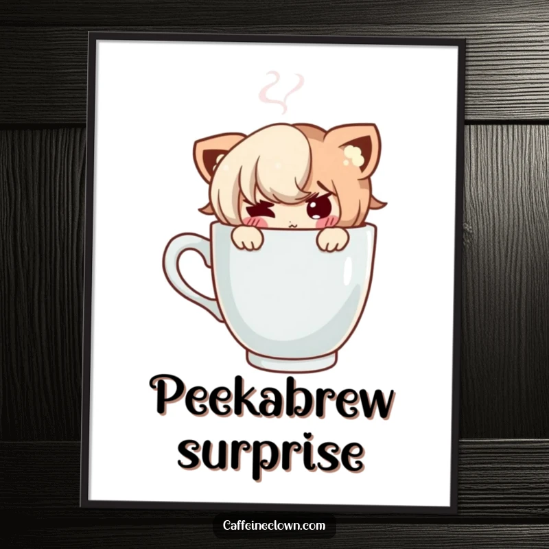 Funny poster art depicting a character with a mischievous smile, peeking from behind a steaming hot cup of coffee.