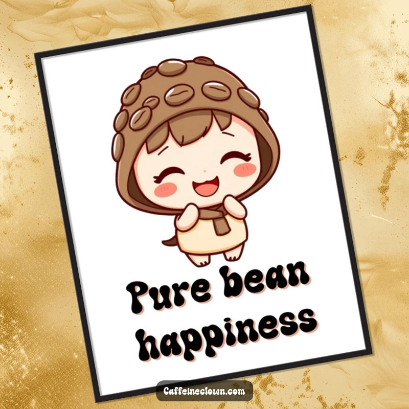 Funny poster art of a cute kawaii character wearing a coffee bean hat and giggling with a sweet, playful expression.