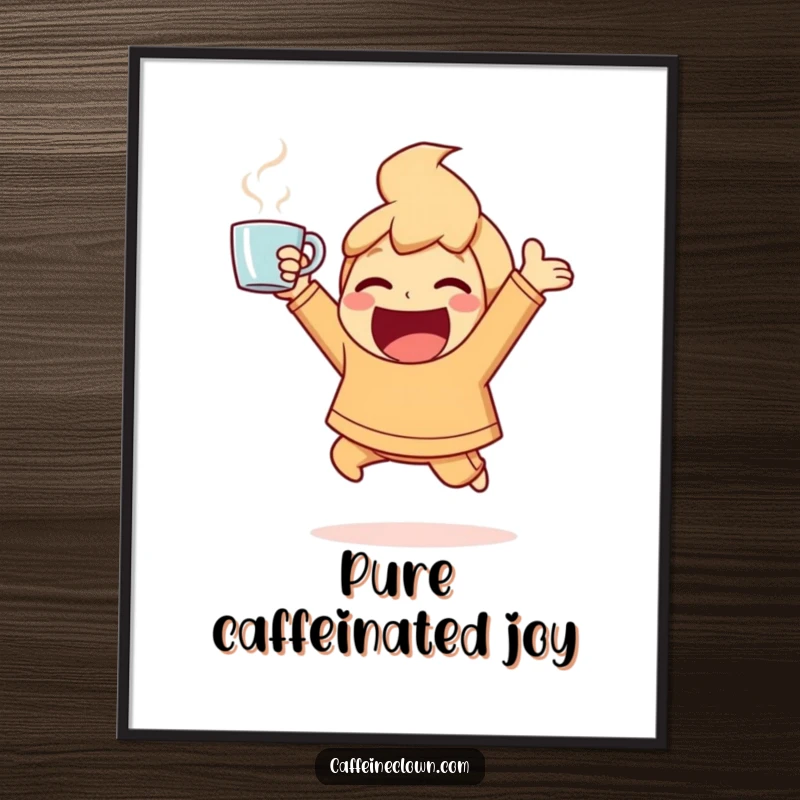 Funny Poster art of a character bouncing with ecstatic energy, holding a steaming coffee cup triumphantly, for wall decor.