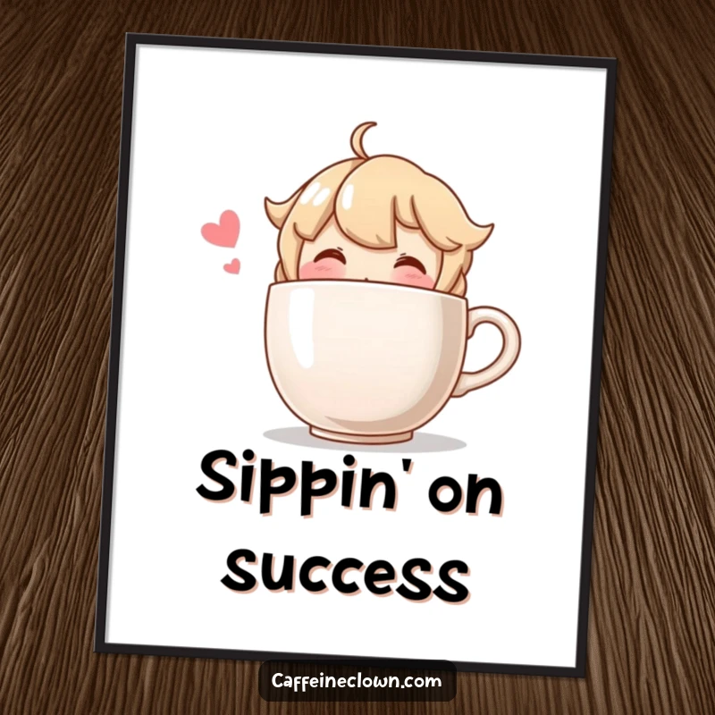 Funny poster showing a blushing character happily sipping from a comically oversized coffee cup, celebrating coffee indulgence.
