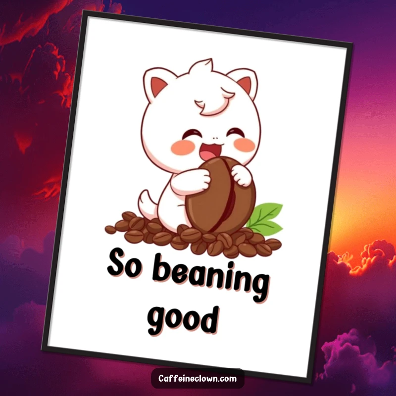 Funny Poster featuring a cute character in stitches of laughter, holding a coffee bean, a humorous art piece.