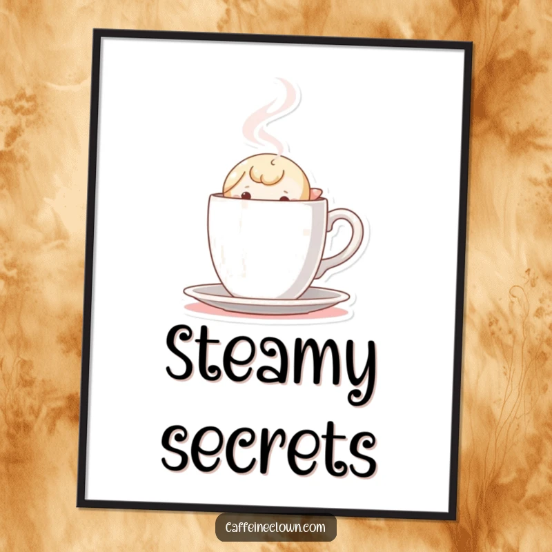 Funny Poster: Tiny character peeking out curiously from behind a steaming coffee cup, a whimsical piece.