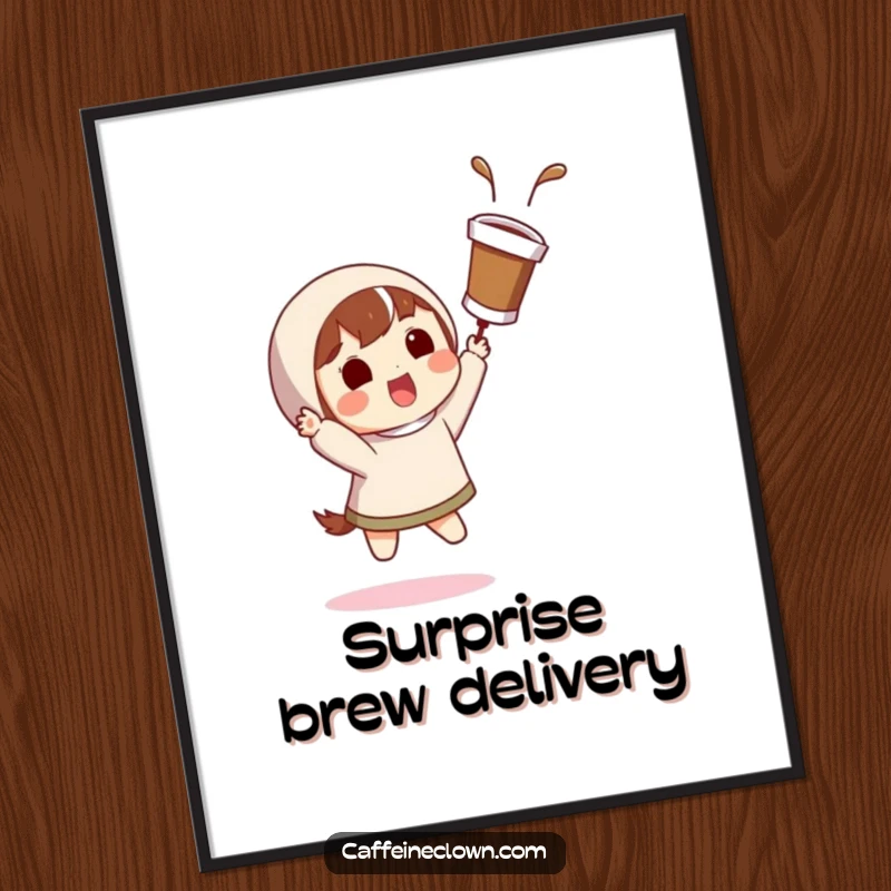 Funny poster art of a character with a surprised grin catching a flying coffee cup, adding humorous action.