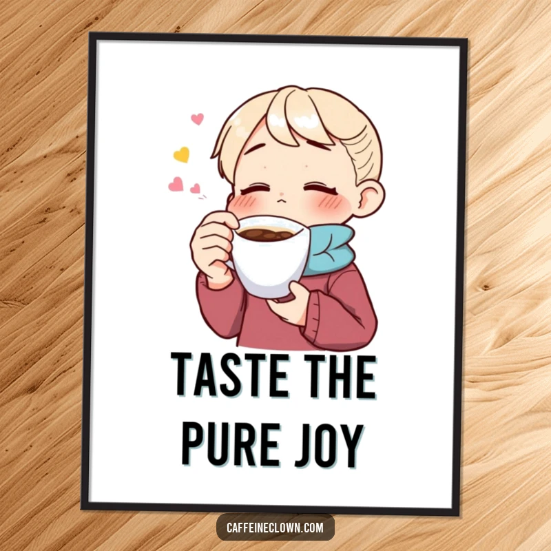 Funny poster art of a person blissfully savoring coffee with eyes closed, capturing the peaceful and satisfying experience of a great cup.