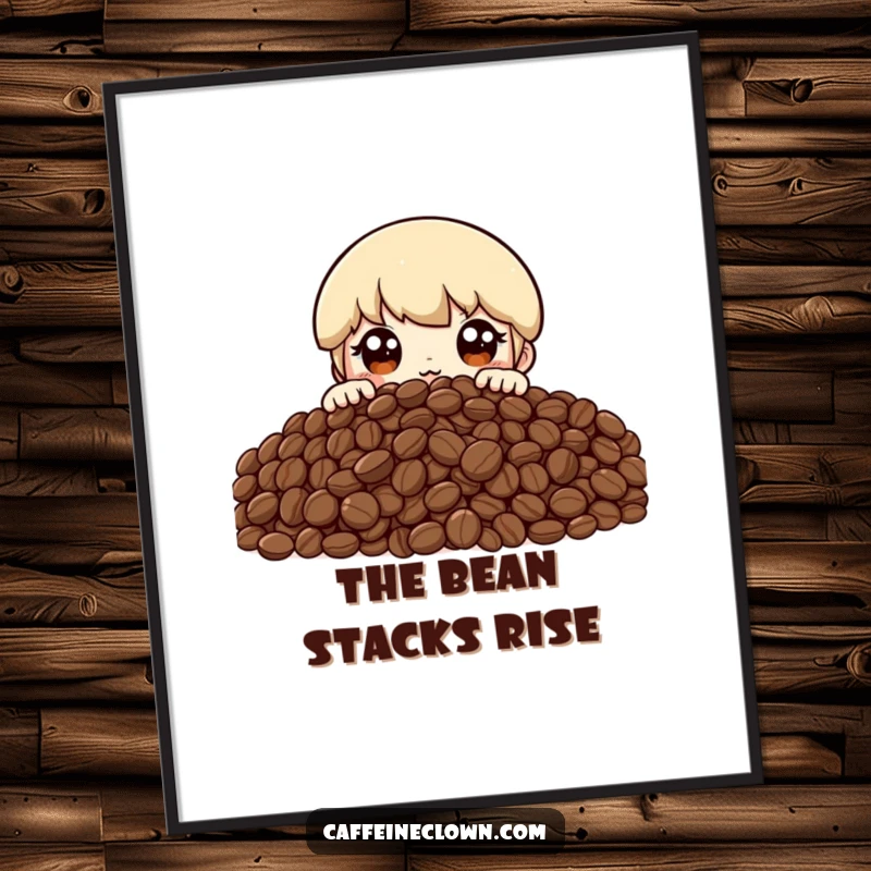 Funny poster art of a character peeking over an enormous heap of coffee beans, eyes wide with excitement and pure coffee adoration.