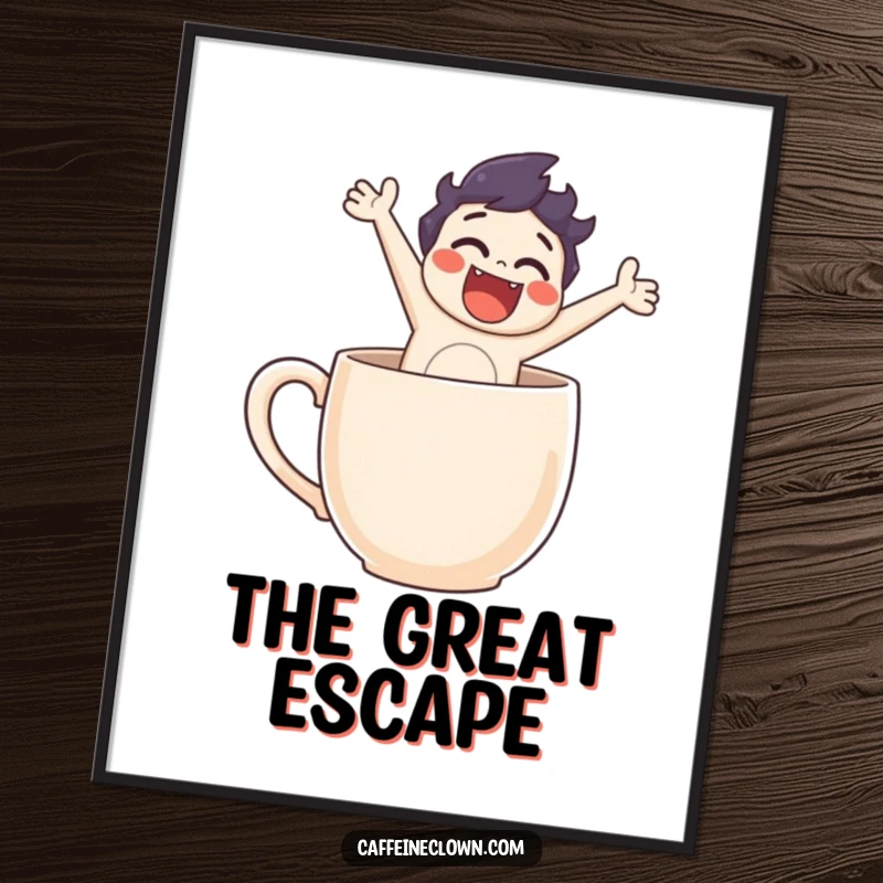 Funny poster showing a character making a dynamic leap out of a coffee mug, embodying morning energy and humorous coffee addiction.