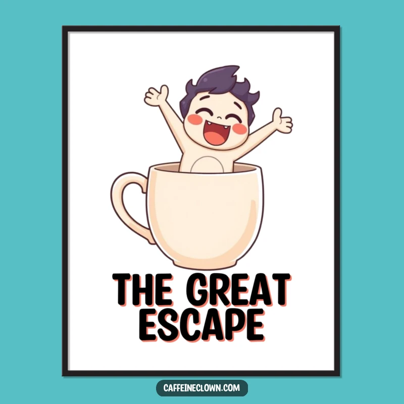 Funny Coffee Art Poster: Character's Hilarious Leap From Mug!
