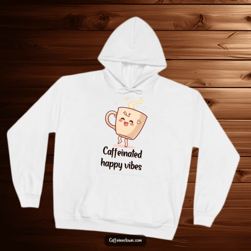 Funny hoodie showcasing a character joyfully dancing with a huge steaming coffee cup, perfect for cozy, caffeine-fueled relaxation.