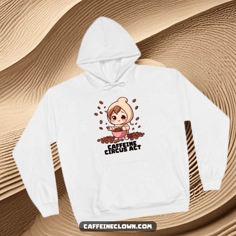 Funny hoodie featuring a character in playful concentration, juggling coffee beans, perfect for staying warm while expressing multifaceted talents.