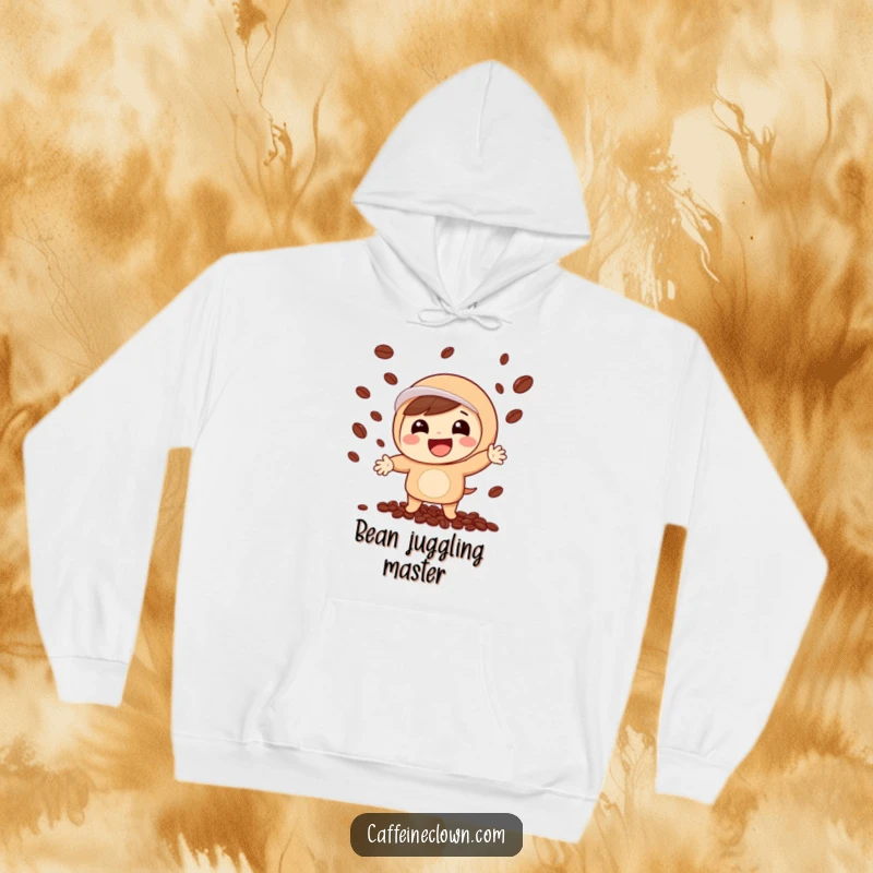 Funny hoodie featuring a cute, grinning character energetically juggling a pile of coffee beans, embodying the spirit of coffee lovers.