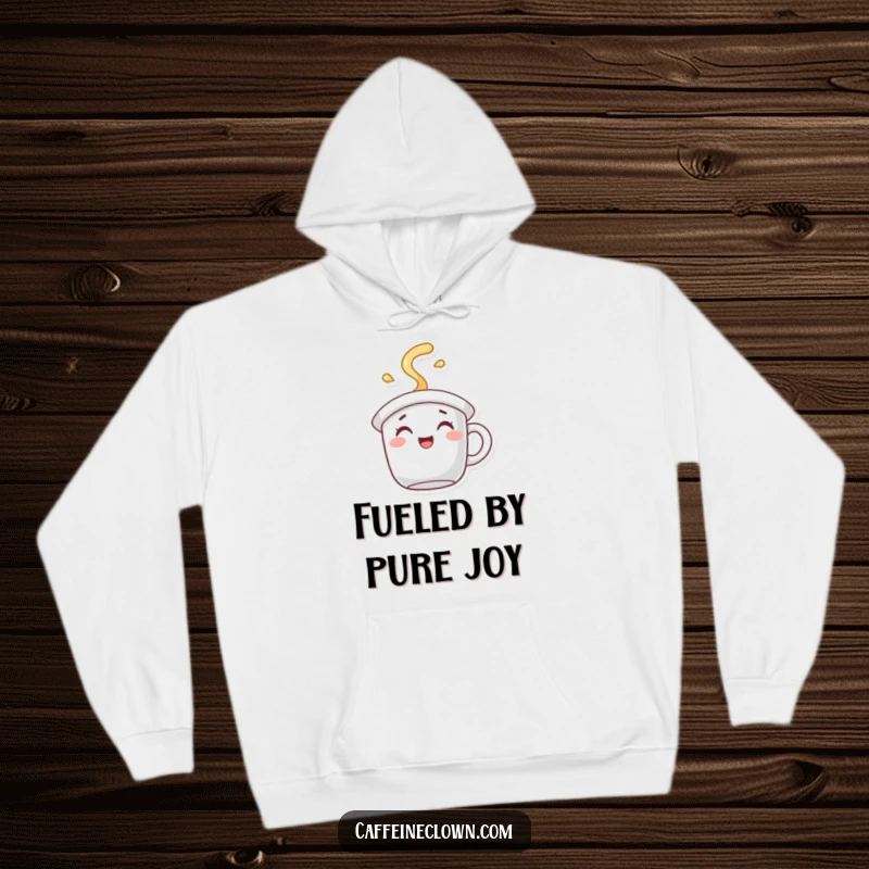 Funny Hoodie showing a character wearing a coffee mug hat, spilling joyful steam, designed for ultimate comfort.