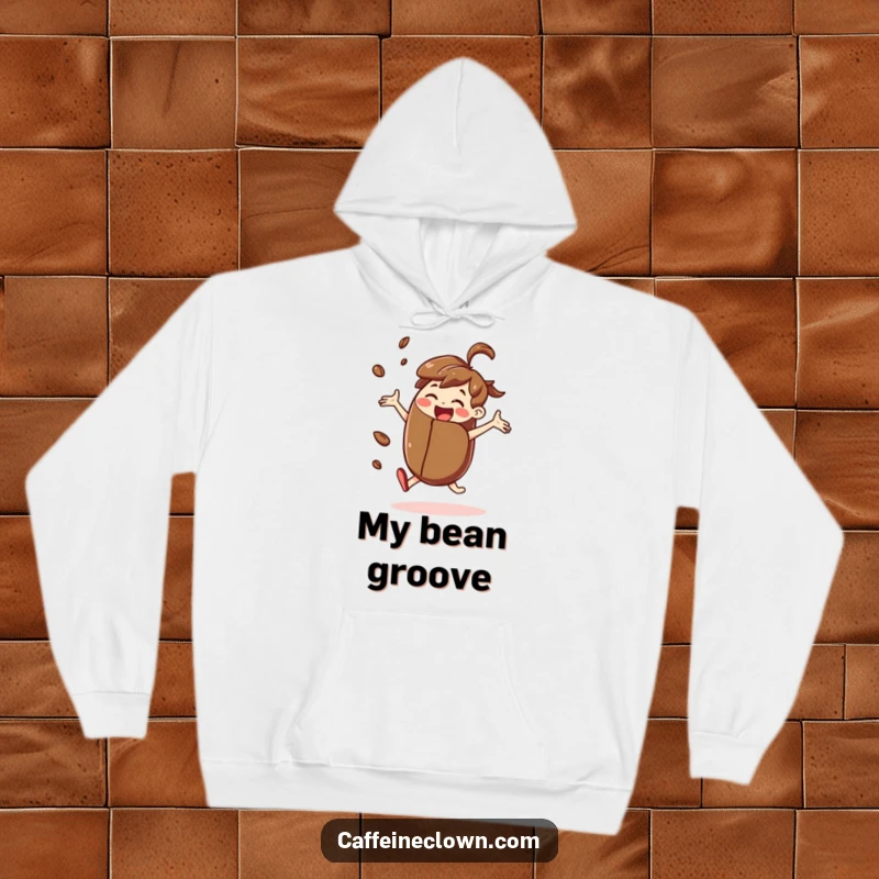 Funny hoodie with a joyful character dancing happily while holding a giant coffee bean, perfect for coffee lovers and dancers.