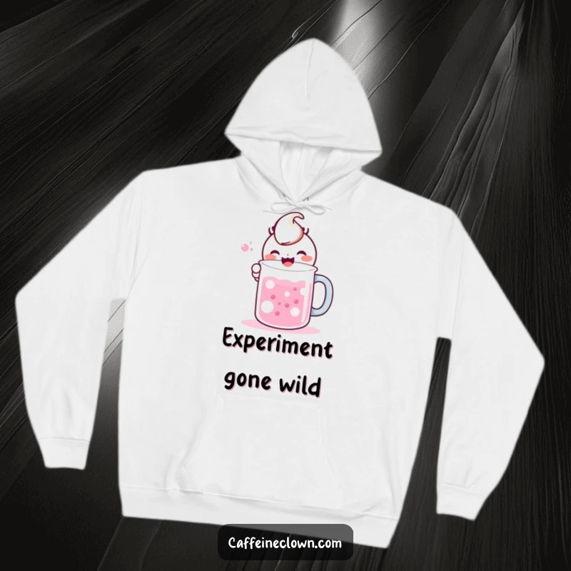 Funny hoodie with a kawaii character happily mixing bubbling potions in a large mug, radiating warmth and whimsical energy.