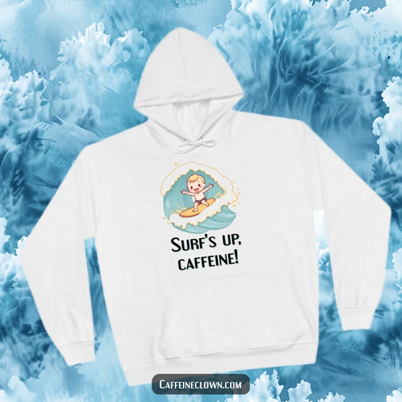 Funny adorable subject joyfully surfing a wave made of latte foam, featured on a warm and cozy hoodie.