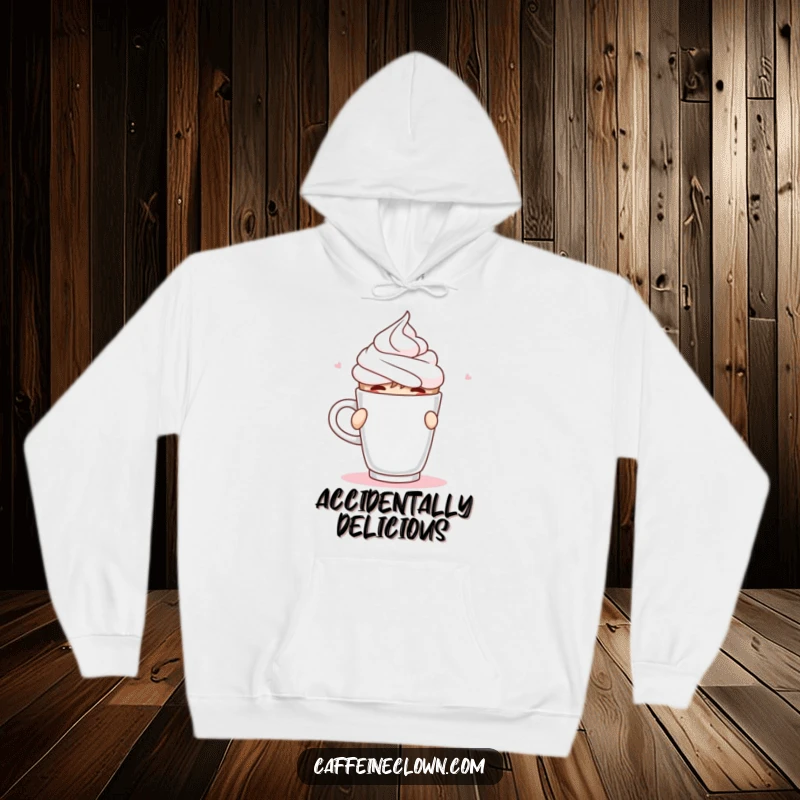 Funny Hoodie showing a character spraying whipped cream from a coffee cup mid-sip, a cozy and humorous design.