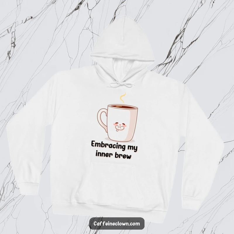 Funny hoodie showing a small character affectionately hugging a large, steaming coffee mug, offering warmth and a sense of comfort.
