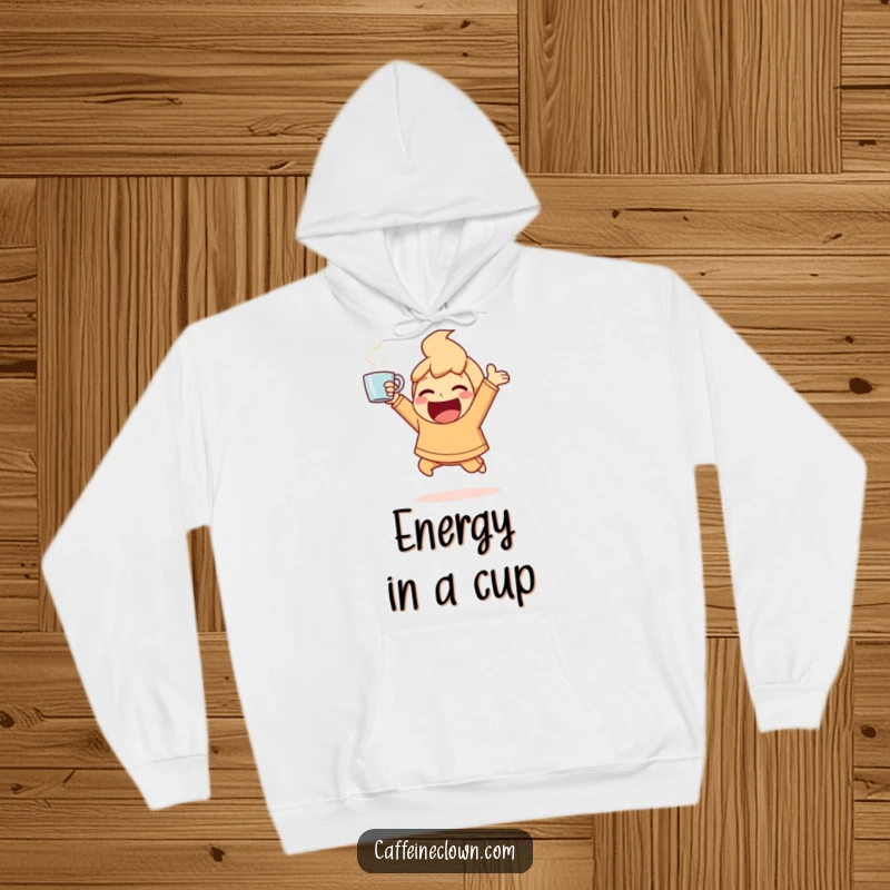 Funny Hoodie depicting an ecstatic character bouncing with energy, holding a steaming coffee aloft, ideal for comfort.