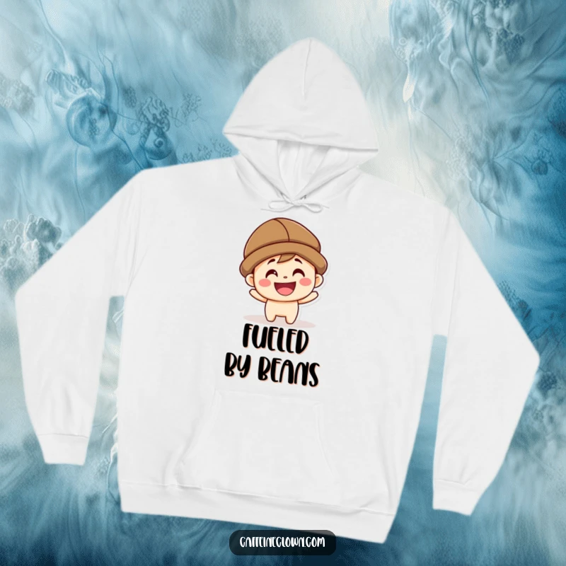 Funny kawaii character with a big smile, wearing a coffee bean hat, featured on a warm hoodie.