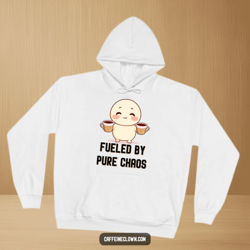 Funny hoodie depicting a cute, round, rosy-cheeked character expertly juggling three steaming hot coffee cups with a cheerful demeanor.