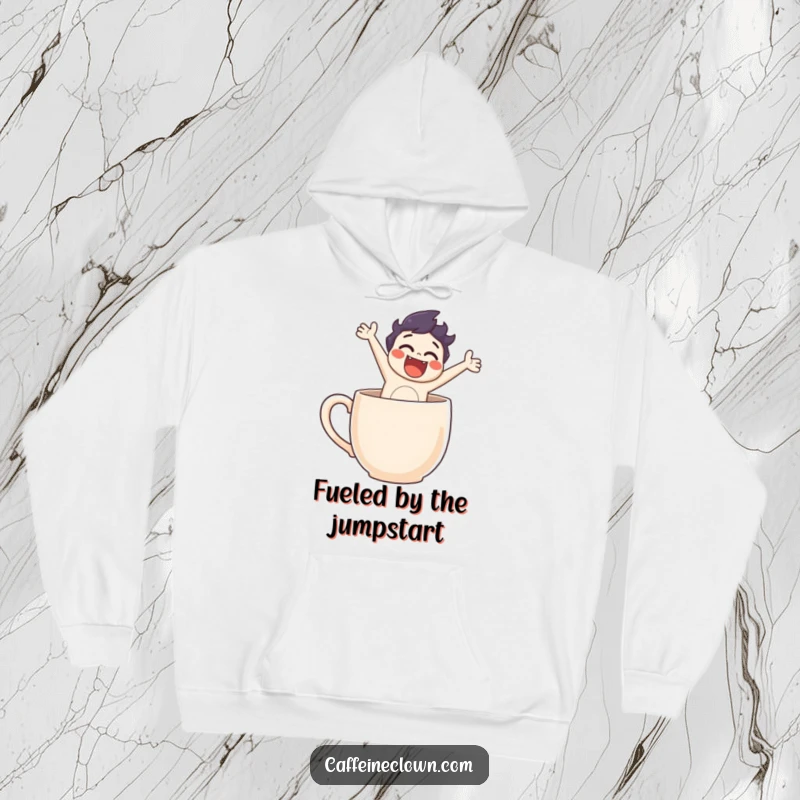 Funny hoodie illustration of a character leaping energetically from a coffee mug, perfect for cozy, humorous, and stylish wear.