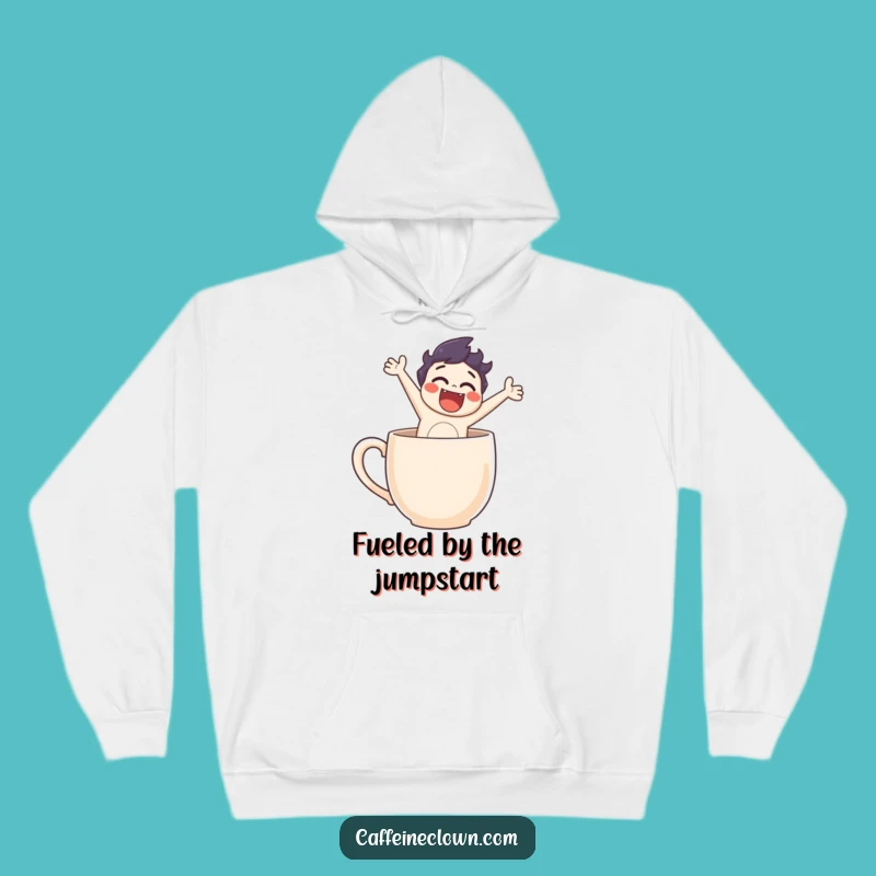 Cozy Funny Hoodie: Character's Epic Leap From a Coffee Mug!