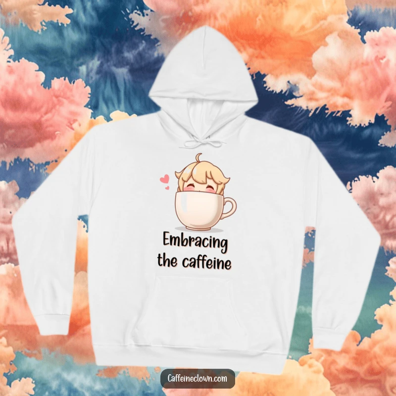 Funny hoodie featuring a blushing character joyfully sipping from a comically oversized coffee cup, perfect for cold mornings.
