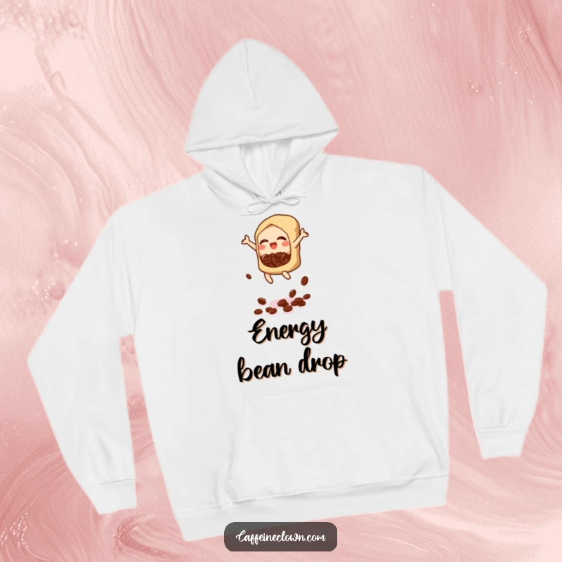 Funny hoodie showcasing a bubbly icon mid-jump, dropping coffee beans, representing pure energetic fun and coffee appreciation.