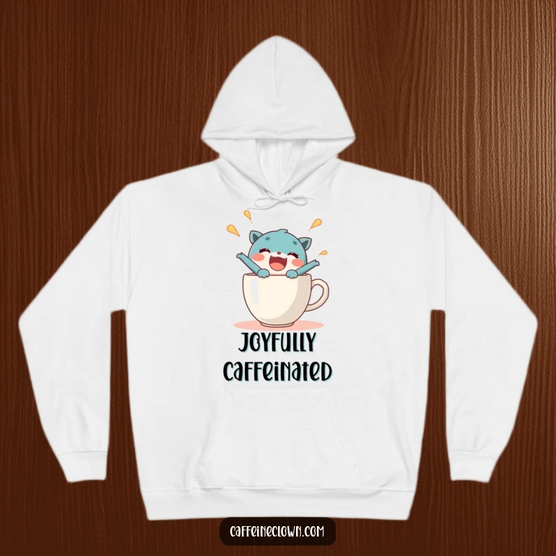 Funny hoodie featuring a delighted character joyfully bursting out of a steaming coffee cup, offering cozy warmth and humorous expression.