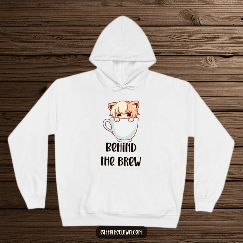 Funny hoodie featuring a character peeking out mischievously from behind a steaming coffee cup, exuding playful charm.