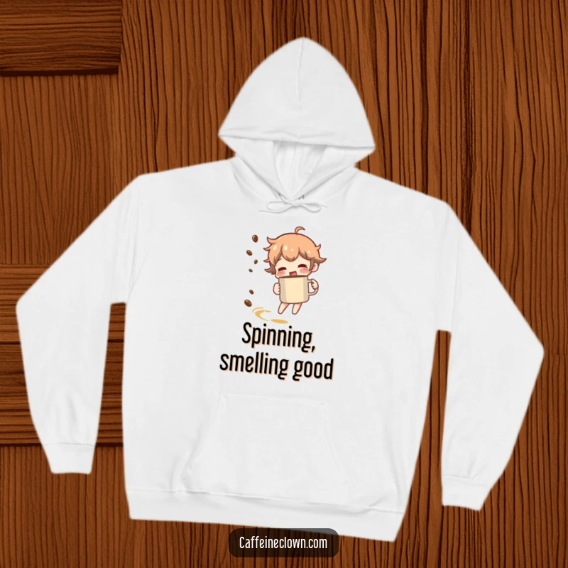 Funny hoodie featuring a character spinning with a coffee mug, creating a visible trail of rich coffee aroma.