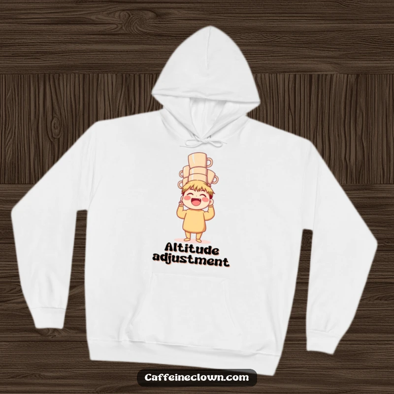 Funny Hoodie: A laughing character precariously balances a huge stack of coffee mugs, embodying coffee-fueled fun and skill.