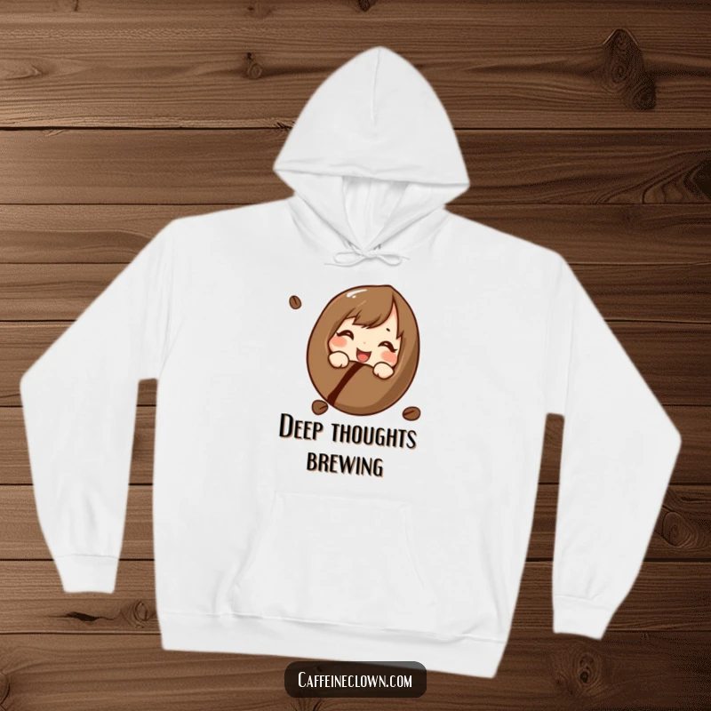 Funny hoodie featuring a character curiously and cheerfully examining a coffee bean, embodying a passion for coffee's origins, a warm funny gift.
