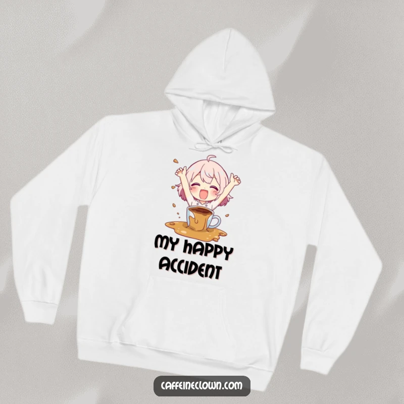 Funny hoodie showing a character happily spilling coffee with flailing arms, embodying cheerful clumsiness, a warm funny gift.