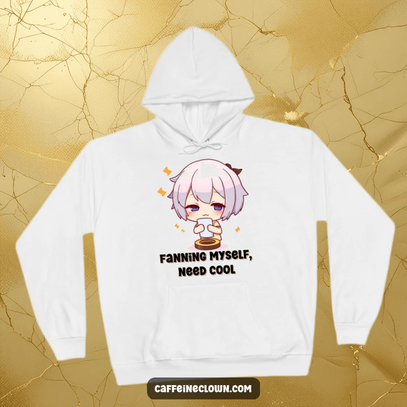 Funny hoodie showing a cute character fanning themselves vigorously, looking overheated and seeking relief, perfect for coffee lovers.
