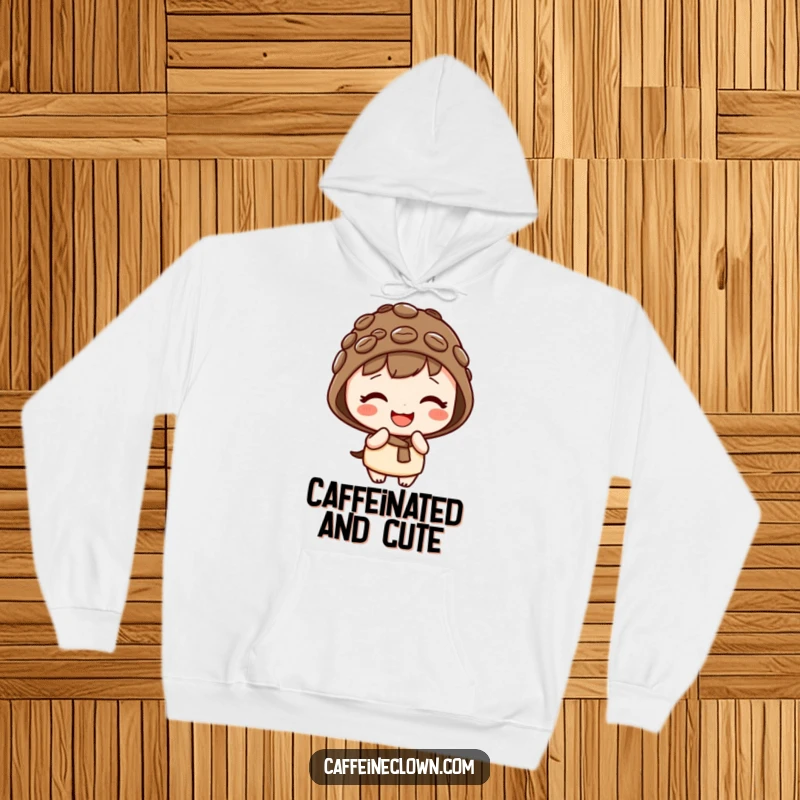 Funny cozy hoodie featuring a cute kawaii character wearing a coffee bean hat and giggling with infectious, playful joy.
