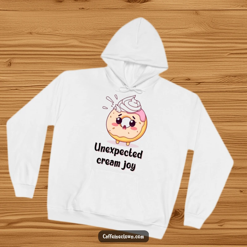 Funny donut hoodie showing a surprised donut character doused in whipped cream, a warm and humorous apparel item.