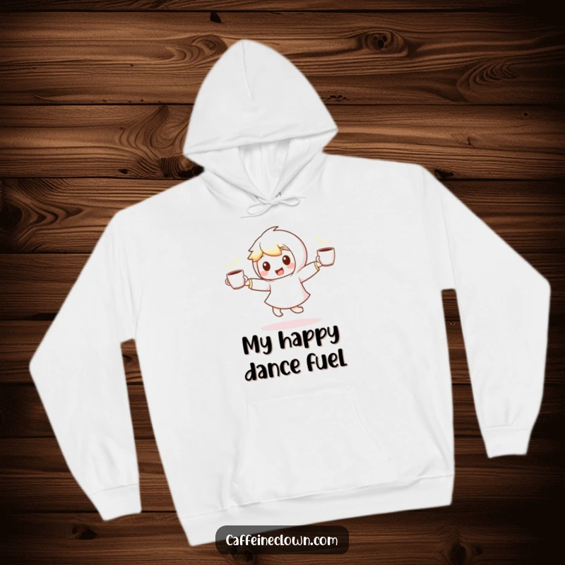 Funny hoodie with a small, energetic character dancing, holding two steaming coffee cups, radiating caffeine-fueled happiness and warmth.
