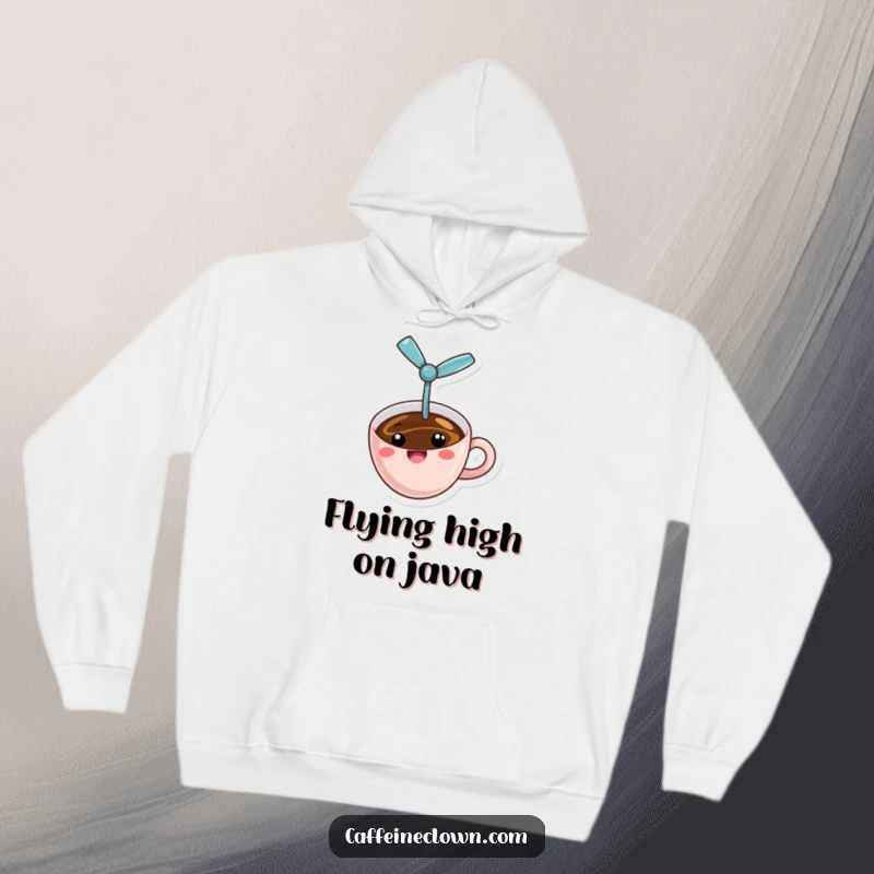 Funny flying coffee hoodie with a cheerful cup of coffee and a propeller, in mid-air, a warm and humorous apparel item.