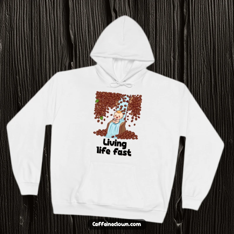 Funny Hoodie: Character laughs gleefully while sliding down a massive waterfall of coffee beans, embodying coffee joy.