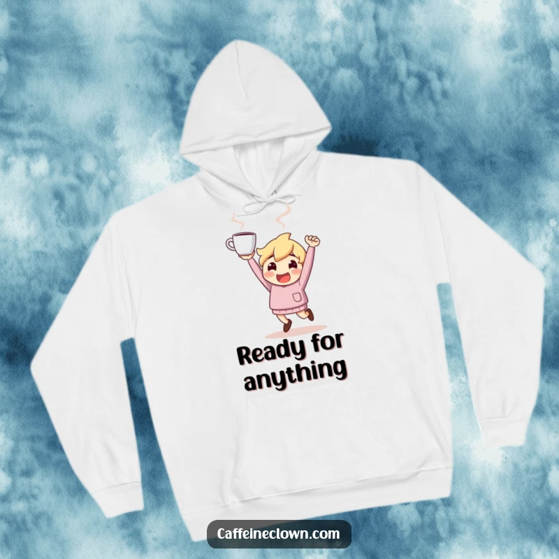 Funny Hoodie: Character bounces with high energy, holding a steaming coffee cup overhead, embodying morning delight.