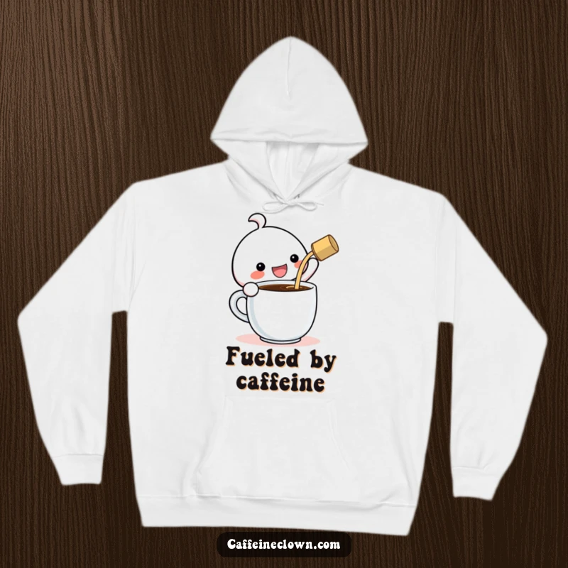 Funny Hoodie: Kawaii character gleefully pouring coffee into a gigantic cup, emphasizing a huge love for coffee.