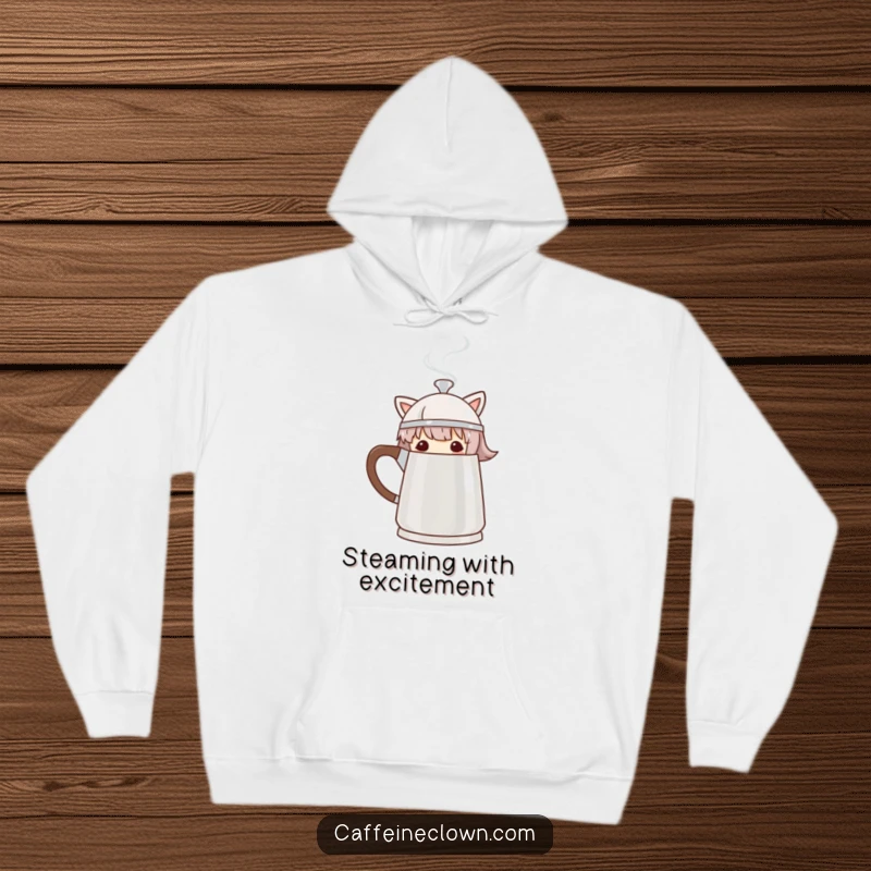 Funny Hoodie with a character playfully peeking from behind a steaming coffee pot, combining warmth and humor.
