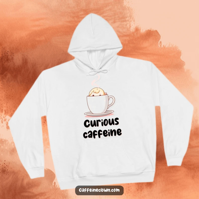 Funny Hoodie: Tiny character peeking out with curiosity from behind a steaming coffee cup, a delightful surprise.