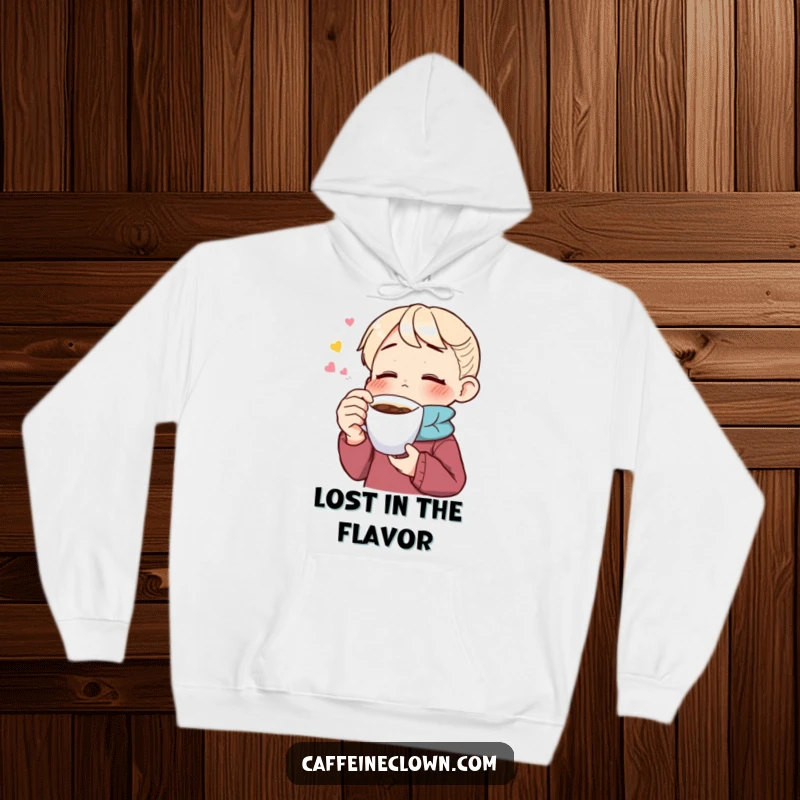 Funny hoodie featuring a character blissfully savoring coffee with eyes closed, perfect for cozy moments and coffee appreciation.