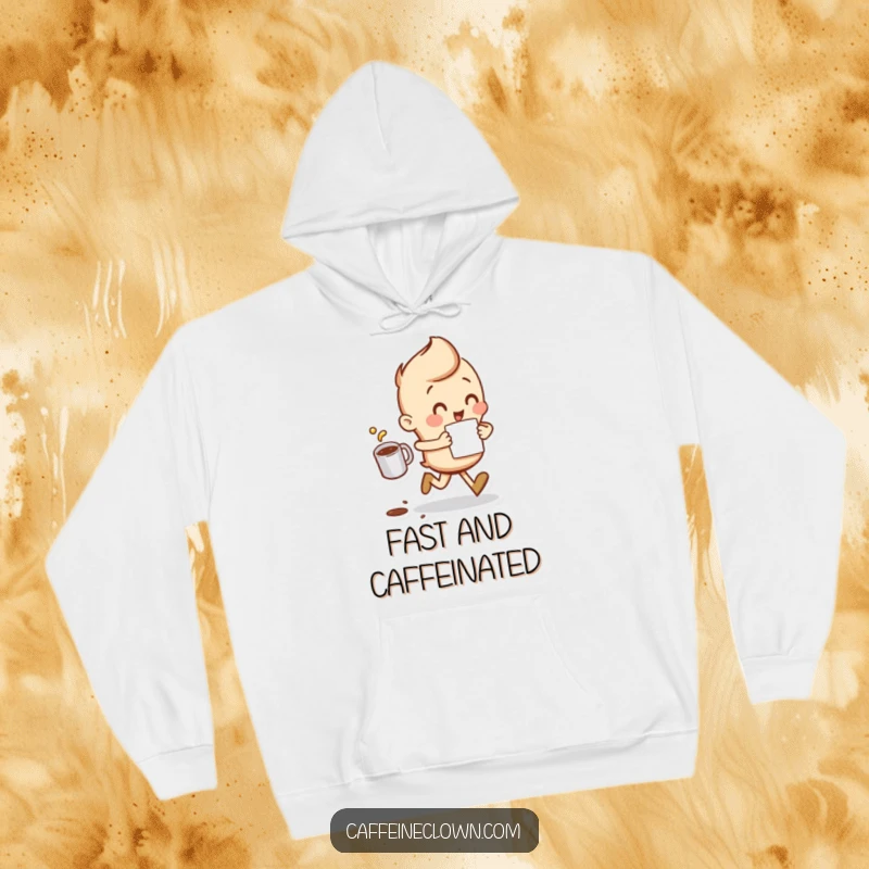 Funny Hoodie featuring a character running with a coffee cup and a small spill, embodying energetic mornings.