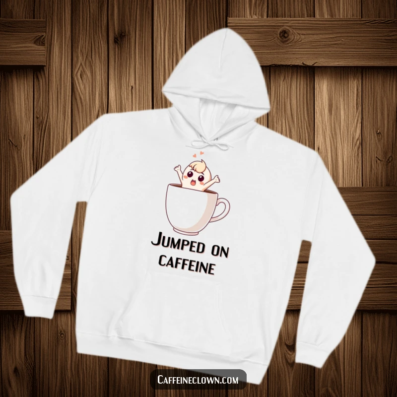 Funny Hoodie: Surprised character bursts from a huge coffee cup, mid-leap, with a comical expression of shock and caffeine excitement.